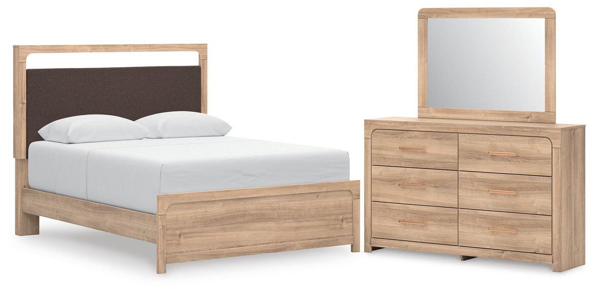 Kinlanni - 3 Pc. - Queen Upholstered Panel Bed With Roll Slats, Dresser And Mirror - Tan