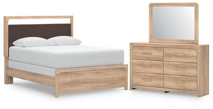 Kinlanni - 3 Pc. - Queen Upholstered Panel Bed, Dresser And Mirror - Tan